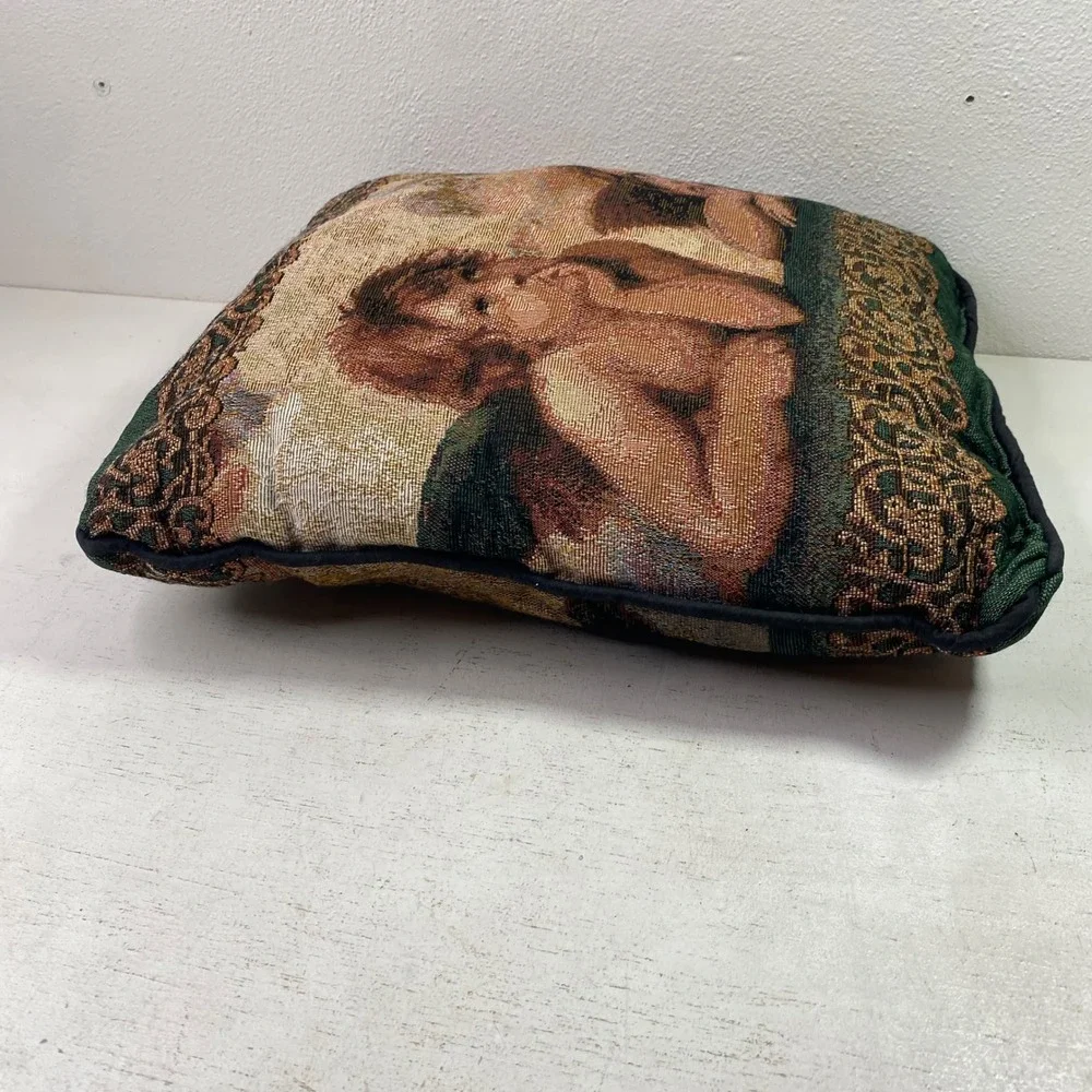 Vintage Raphael Cherubs Tapestry Throw Pillow Sistine Madonna Angels Green 15x15